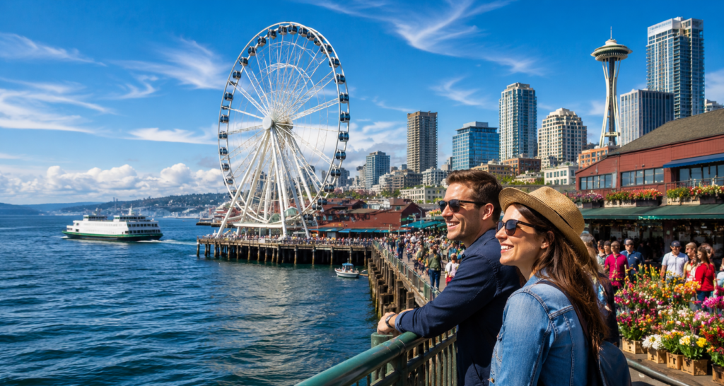 Couple enjoying view by waterfront.